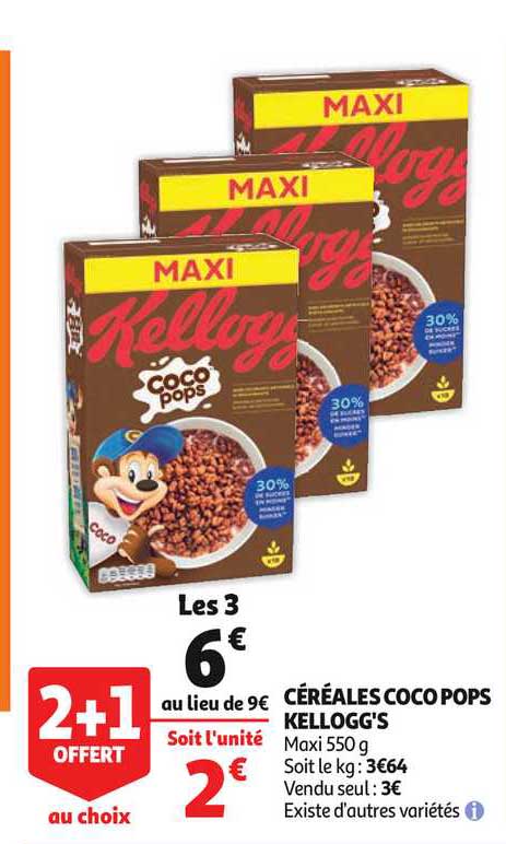 céréales coco pops kellogg's 2+1 offert au choix