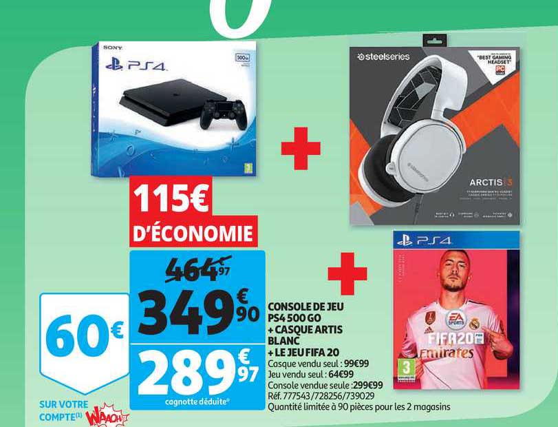 console de jeu ps4 500 go + casque artis blanc + le jeu fifa 20