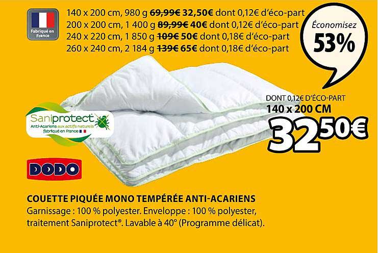 couette piquée mono tempérée anti acariens dodo