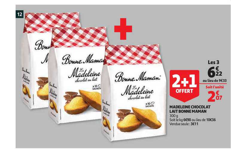 la madeleine chocolat lait bonne maman 2+1 offert
