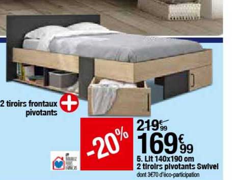 lit 140x190 cm 2 tiroirs pivotants swivel