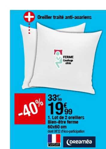lot de 2 oreillers bien être ferme 60x60 cm