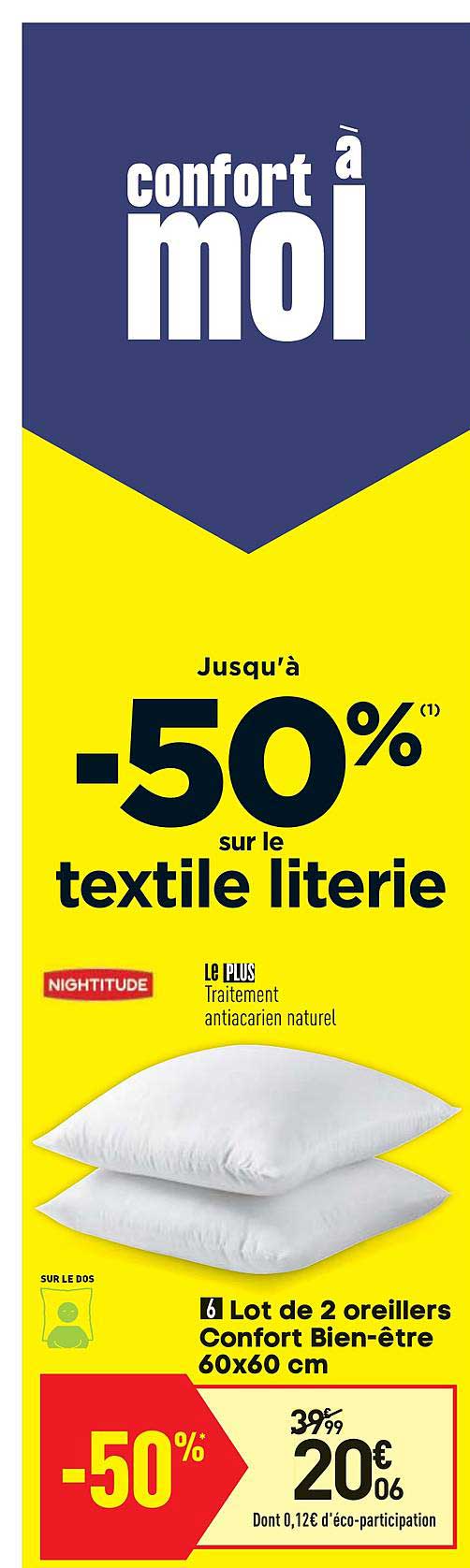 lot de 2 oreillers confort bien être 60x60 cm