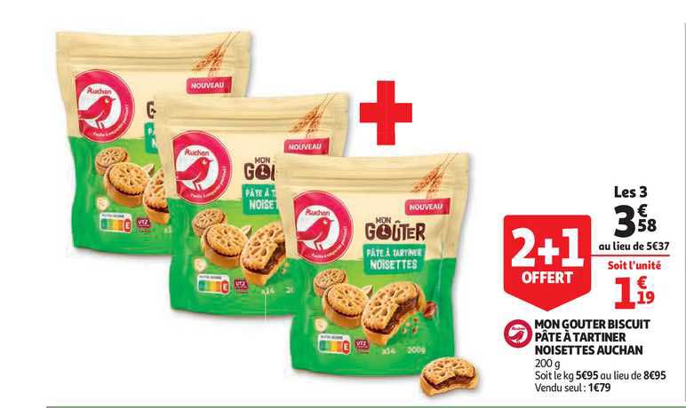 mon goûter biscuit pâte à tartiner noisettes auchan 2+1 offert