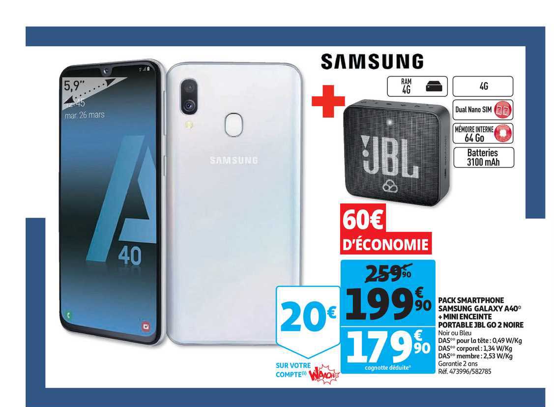 Pack Smartphone Samsung Galaxy A40 + Mini Enceinte Portable Jbl Go 2 Noire