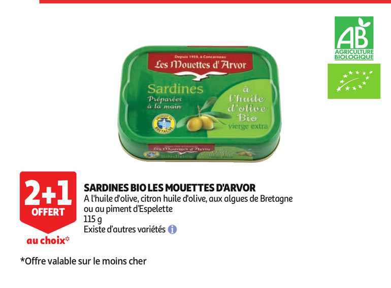 sardines bio les mouettes d'arvor 2+1 offert au choix