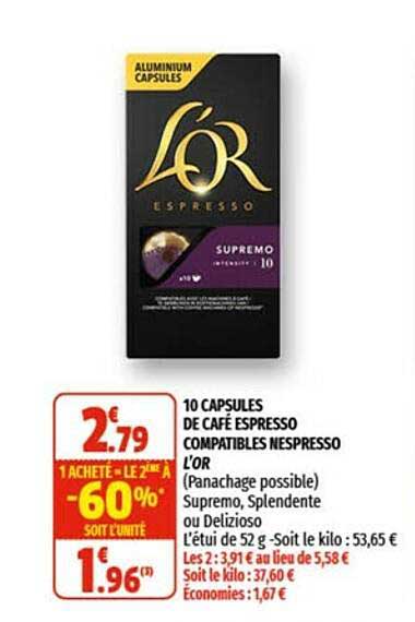 10 capsules de café espresso compatibles nespresso l'or