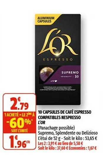 10 capsules de café espresso compatibles nespresso l'or