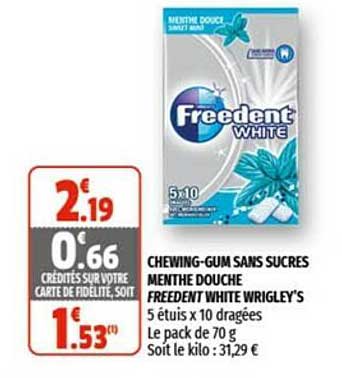 chewing-gum sans sucres menthe douche freedent white wrigley's