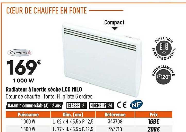 radiateur à inertie sèche lcd milo carrera