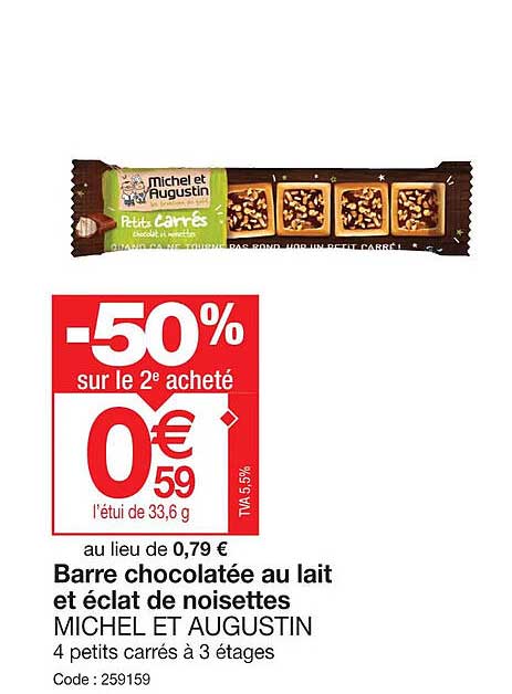 barre chocolatée au lait et éclat de noisettes michel et augustin
