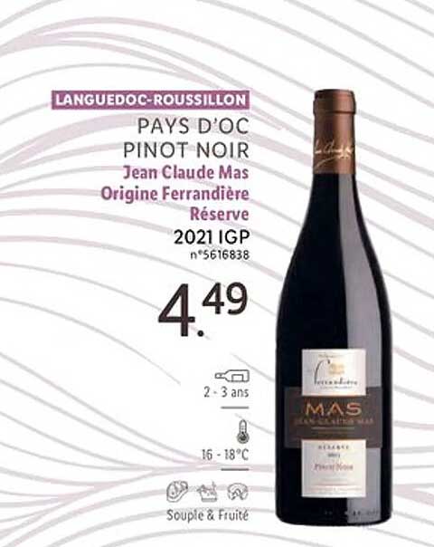 languedoc-roussillon pays d'oc pinot noir jean claude mas origine ferrandière réserve 2021 igp