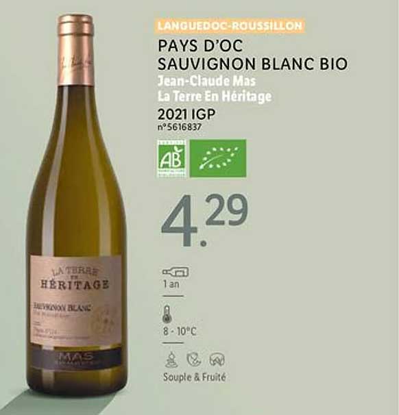languedoc-roussillon  pays d'oc sauvignon blanc bio jean-claude mas la terre en héritage 2021 igp