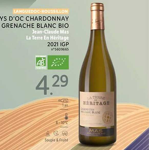 languedoc-roussillon pys d'oc chardonnay grenache blanc bio jean-claude mas la terre en héritage 2021 igp
