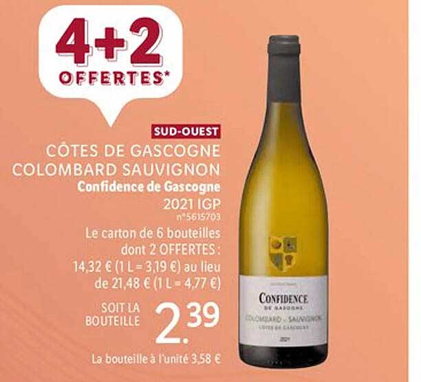 sud-ouest côtes de gascogne colombard sauvignon confidence de gascogne 2021 igp