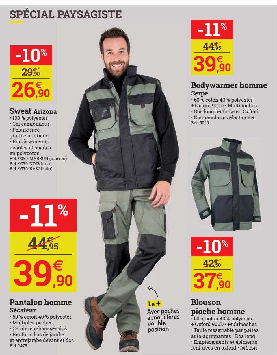sweat arizona, pantalon homme sécateur, bodywarmer homme serpe, blouson pioche homme