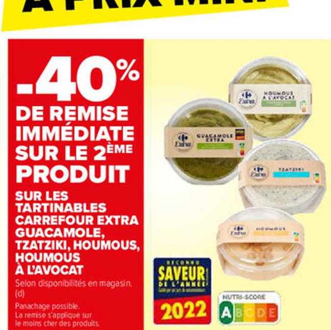 tartinables carrefour extra guacamole, tzatziki, houmous, houmous à l'avocat
