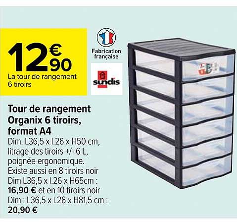 tour de rangement organix 6 tiroirs, format a4