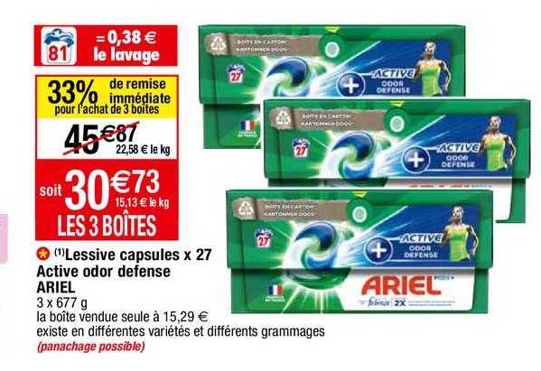 lessive capsules x 27 active odor défense ariel