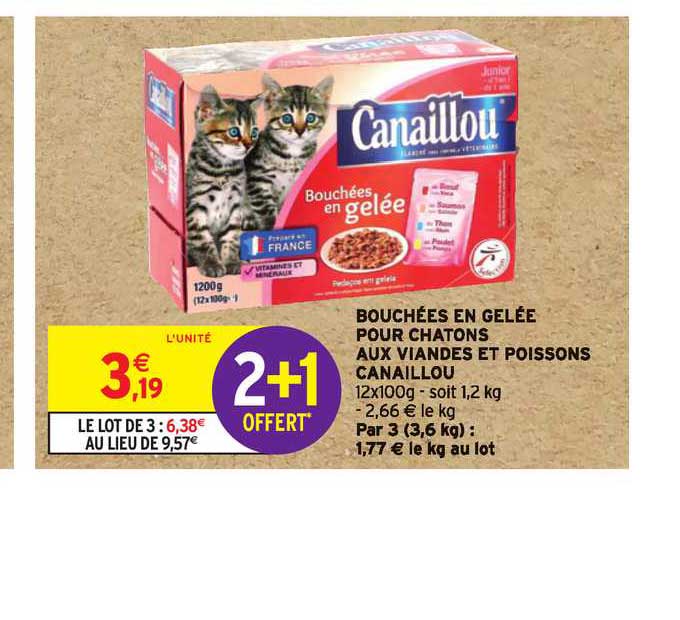 bouchées en gelée pour chatons aux viandes et poissons canaillou 2+1 offert