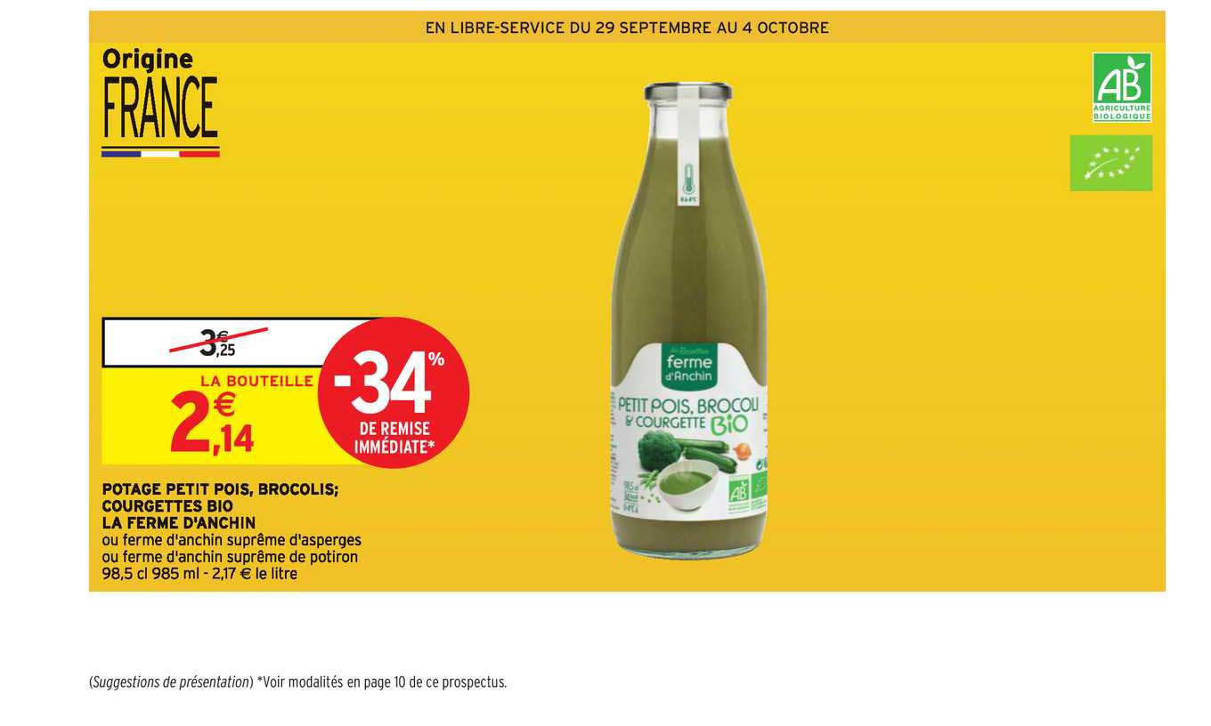potage petit pois brocolis courgettes bio la ferme d'anchin -34% de remise immédiate