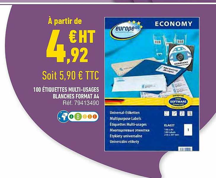 100 étiquettes multi-usages blanches format a4