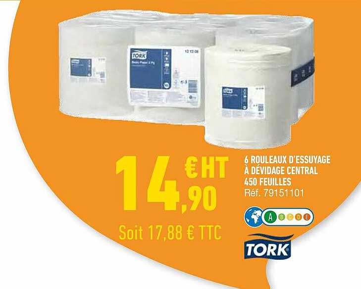 6 rouleaux d'essuyage à dévidage central 450 feuilles