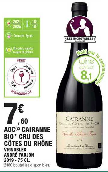 aoc cairanne bio cru des côtes du rhône vignobles andré farjon 2019