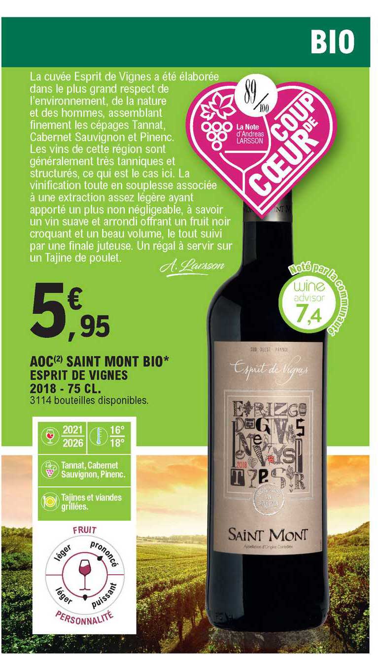 aoc saint mont bio esprit des vignes 2018