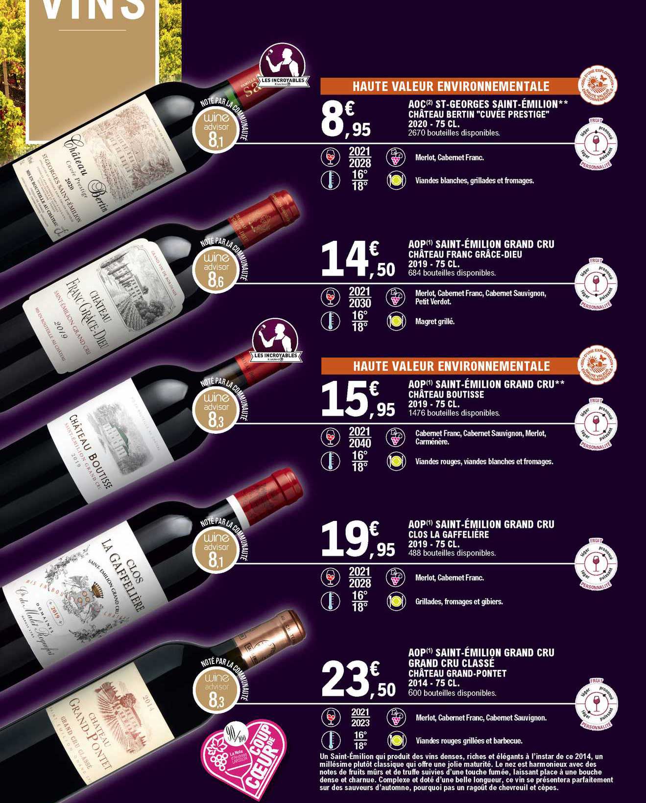 aoc st-georges saint-émilion "chateau bertin "cuvée prestige" 2020, aop saint-émilion grand cru chateau franc grace-dieu 2019, aop saint-émilion grand cru château boutisse 2019