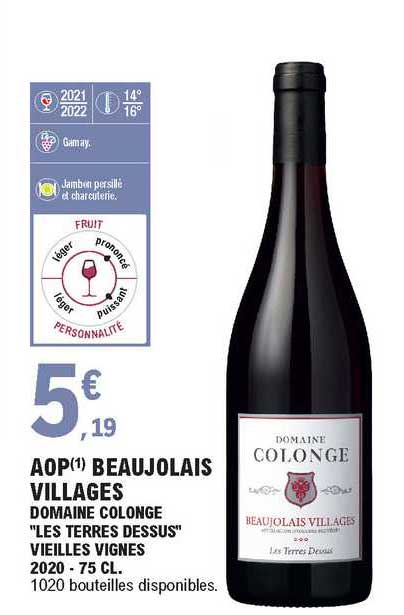 aop beaujolais villages domaine colonge "les terres dessus" vieilles vignes 2020