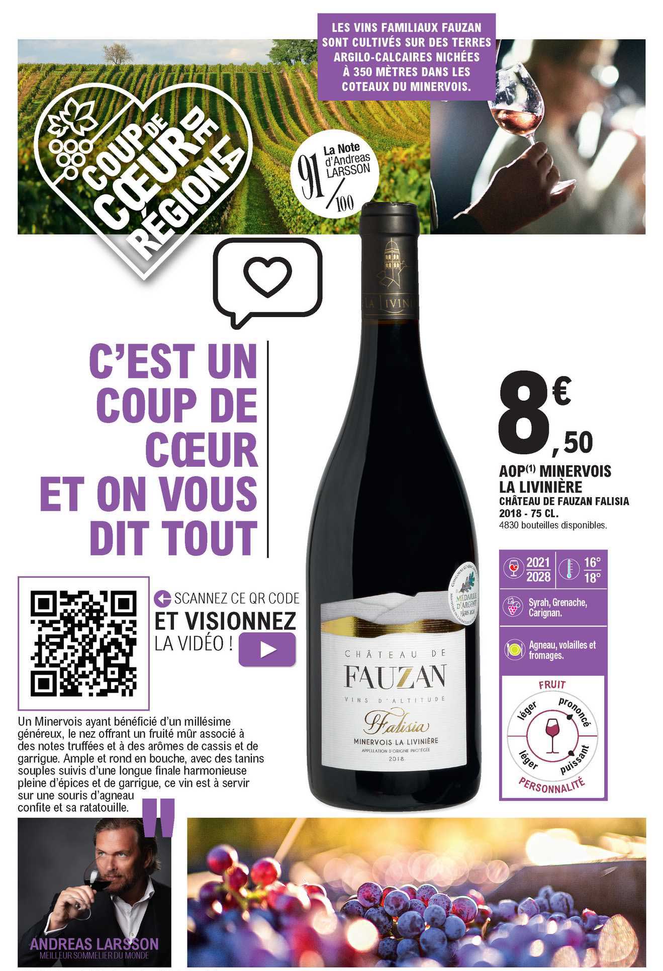 aop minervois la livinière château de fauzan falisia 2018