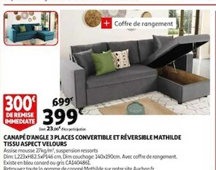canapé d'angle 3 places convertible et réversible mathilde tissu aspect velours