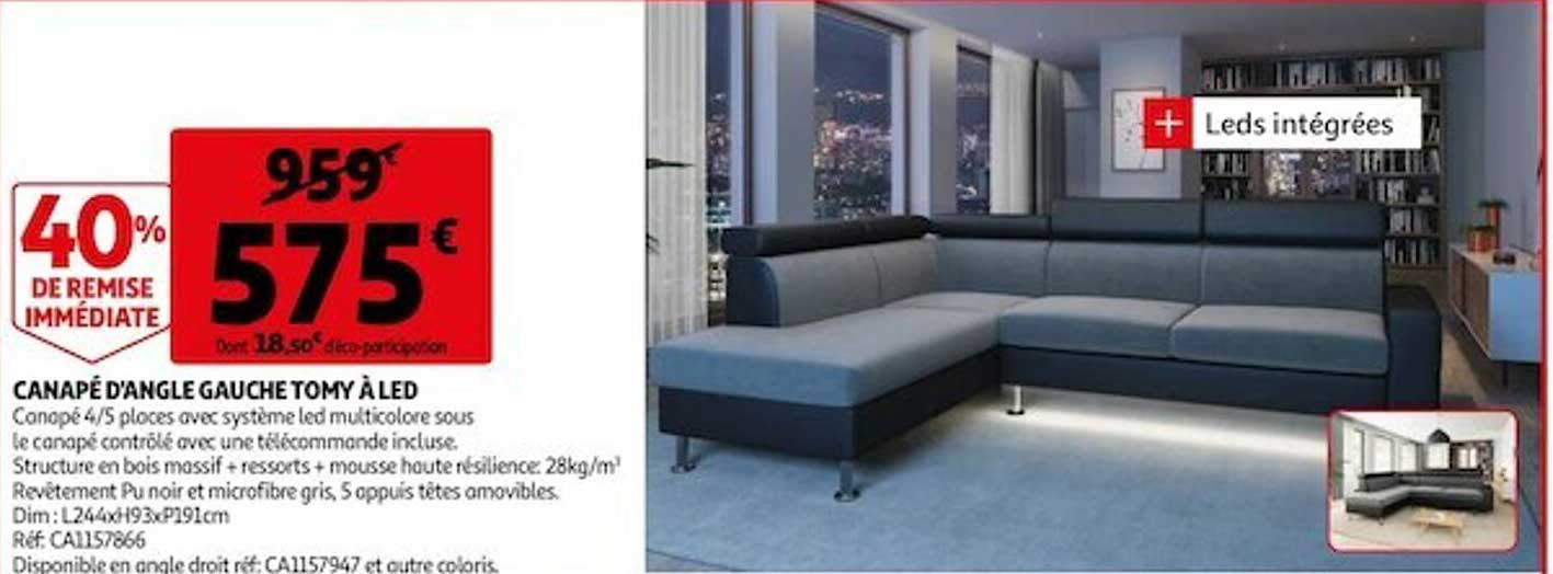 canapé d'angle gauche tomy à led