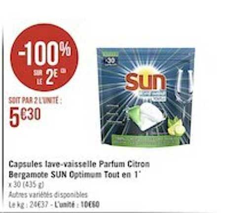 capsules lave-vaisselle parfum citron bergamote sun optimum tout en 1