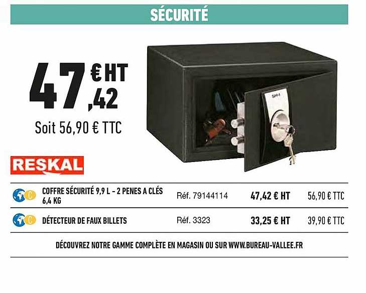 coffre sécurité 9,9 l - 2 pênes à clés, détecteur de faux billets reskal