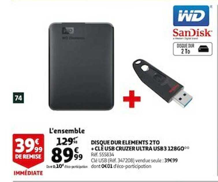 disque dur éléments 2to + clé usb cruzer ultra usb 3 128go wd sandisk