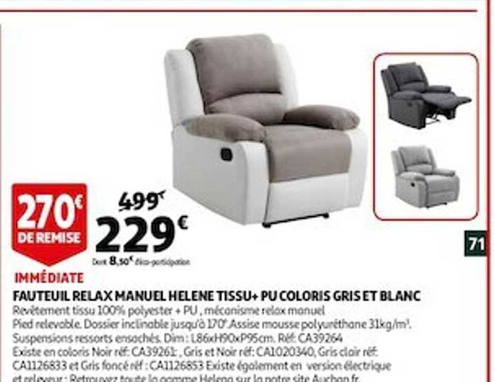 fauteuil relax manuel helène tissu + pu coloris gris et blanc