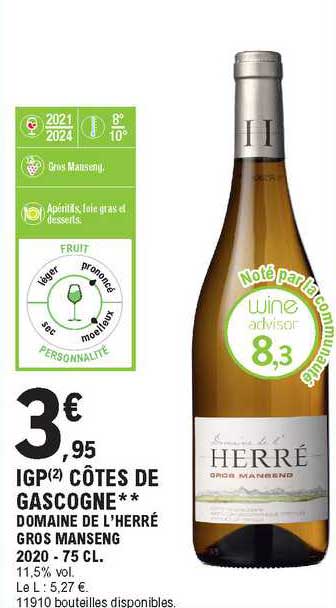 igp côtes de gascogne domaine de l'herré gros manseng  2020