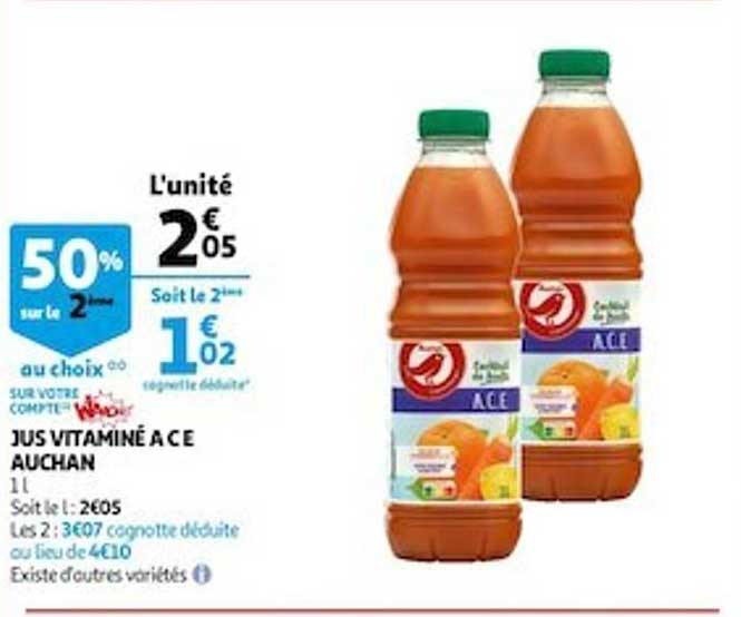 Jus Vitaminé Ace Auchan 50% Sur Le 2ème Au Choix
