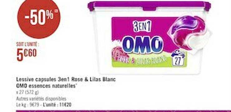 lessive capsules 3 en 1 rose & lilas blanc omo essences naturelles