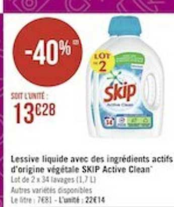 lessive liquide avec des ingrédients actifs d'origine végétale skip active clean