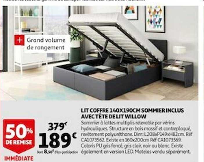 lit coffre 140 x 190 cm sommier inclus avec tête de lit willow