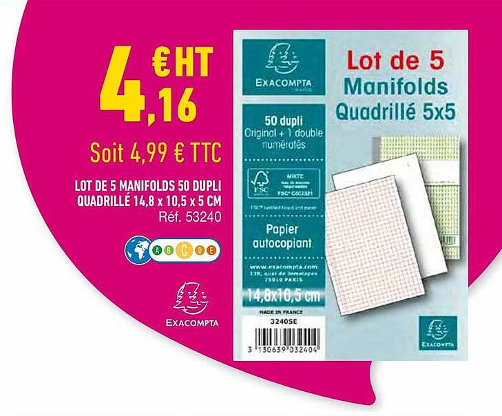 lot de 5 manifolds 50 dupli quadrillé 14,8 x 10,5 x 5 cm exacompta