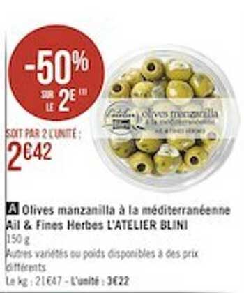 olives manzanille à la méditerranéenne ail & fines herbes l'atelier blini