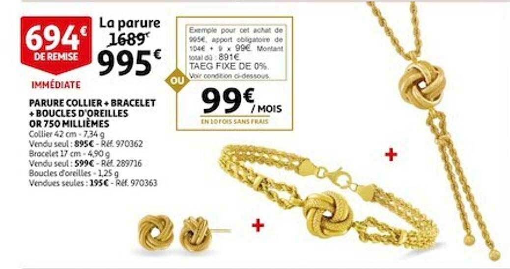 parure collier + bracelet + boucles d'oreilles or 750 millièmes