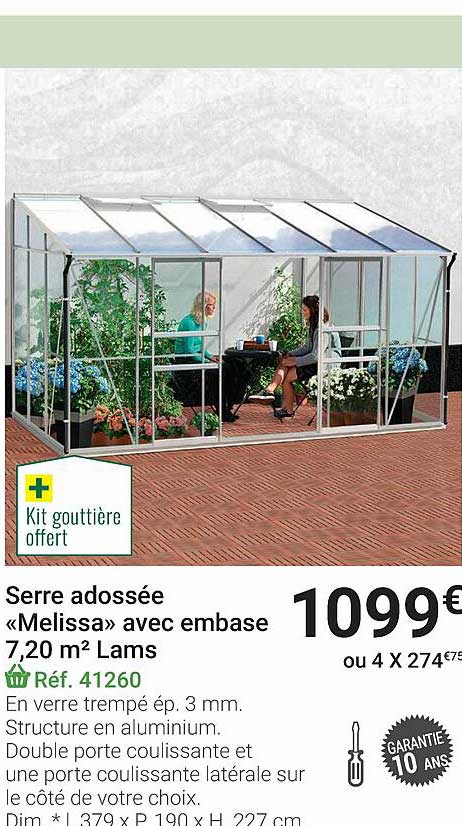 serre adossée «melissa» avec embase 7,20 m² lams