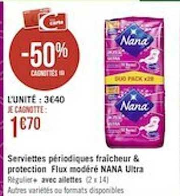 serviettes périodiques fraîcheur & protection flux modéré nana ultra