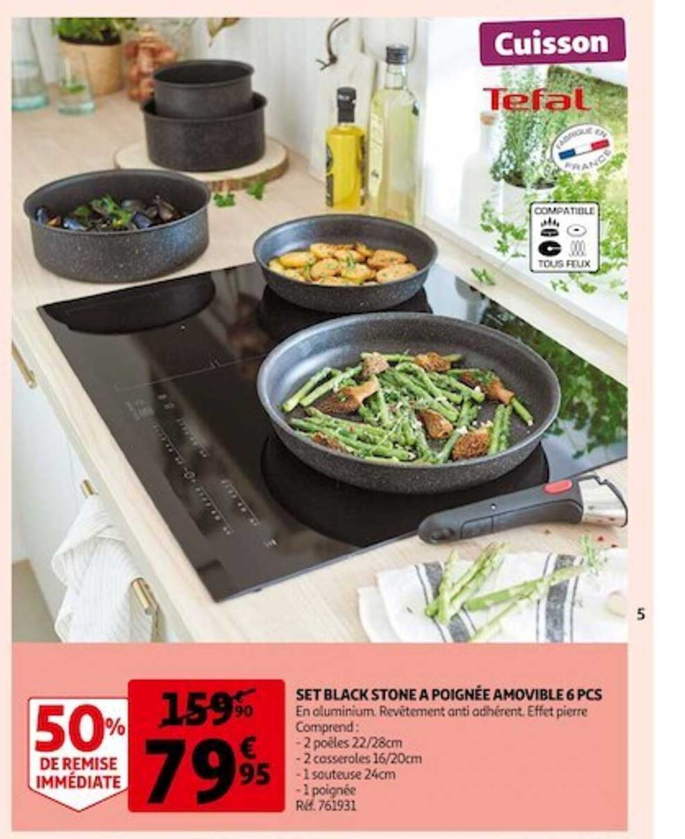 sset black stone à poignée amovible 6 pcs tefal