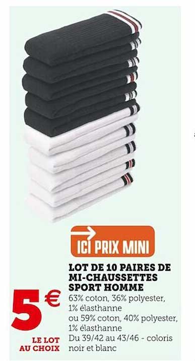 lot de 10 paires de mi-chaussettes sport homme